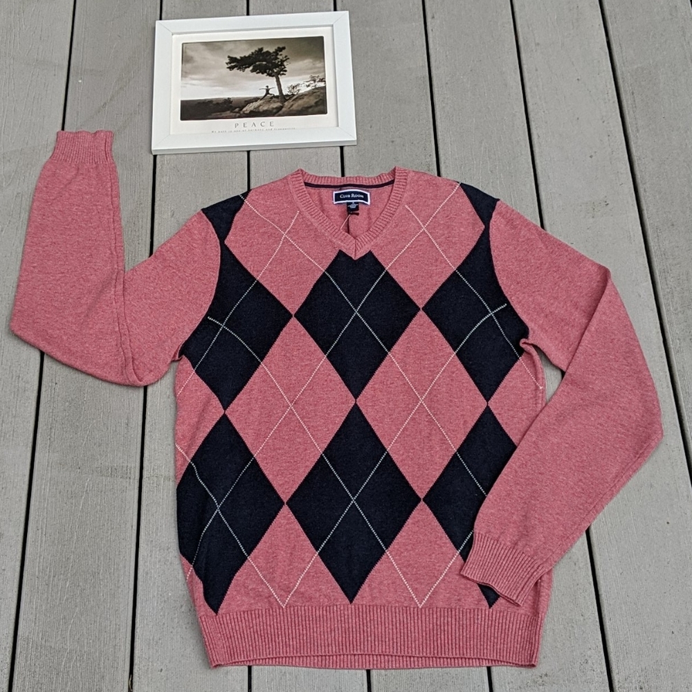 NWT CLUB ROOM V-NECK COTTON ARGYLE SWEATER SZ S.